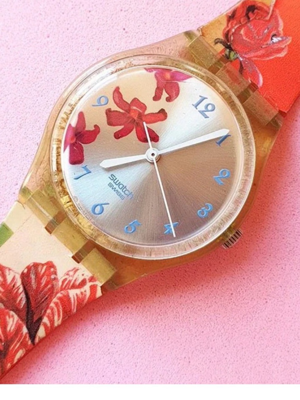 2002 Rare Swatch Floral Transparent Gold Case Pink Red Strap Watch